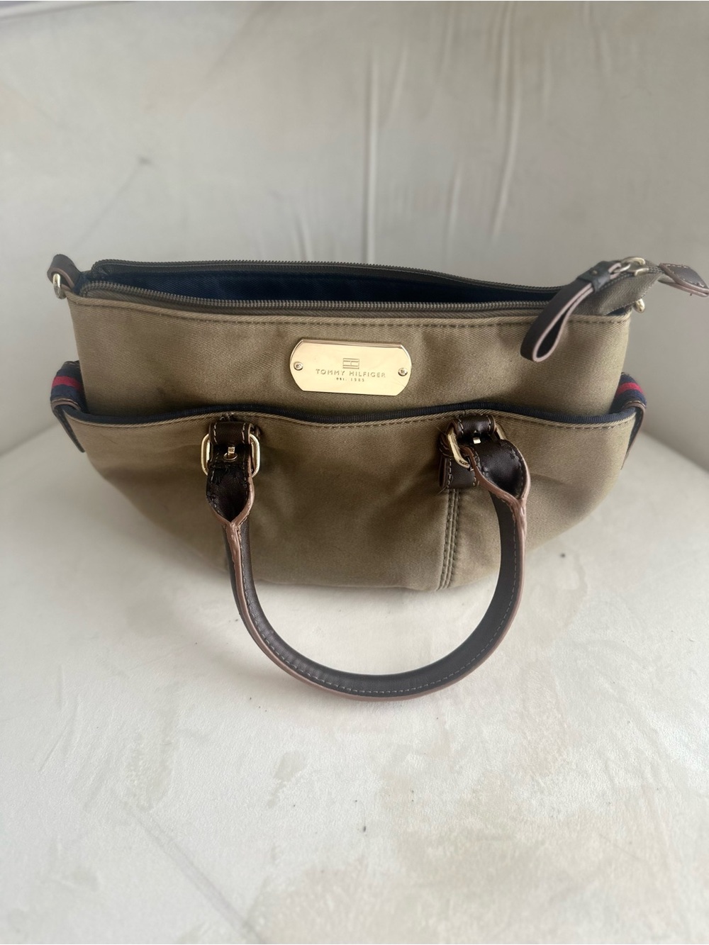 Tommy Hilfiger Olive Green Satchel with Dark Brown Handles & Gold Hardware